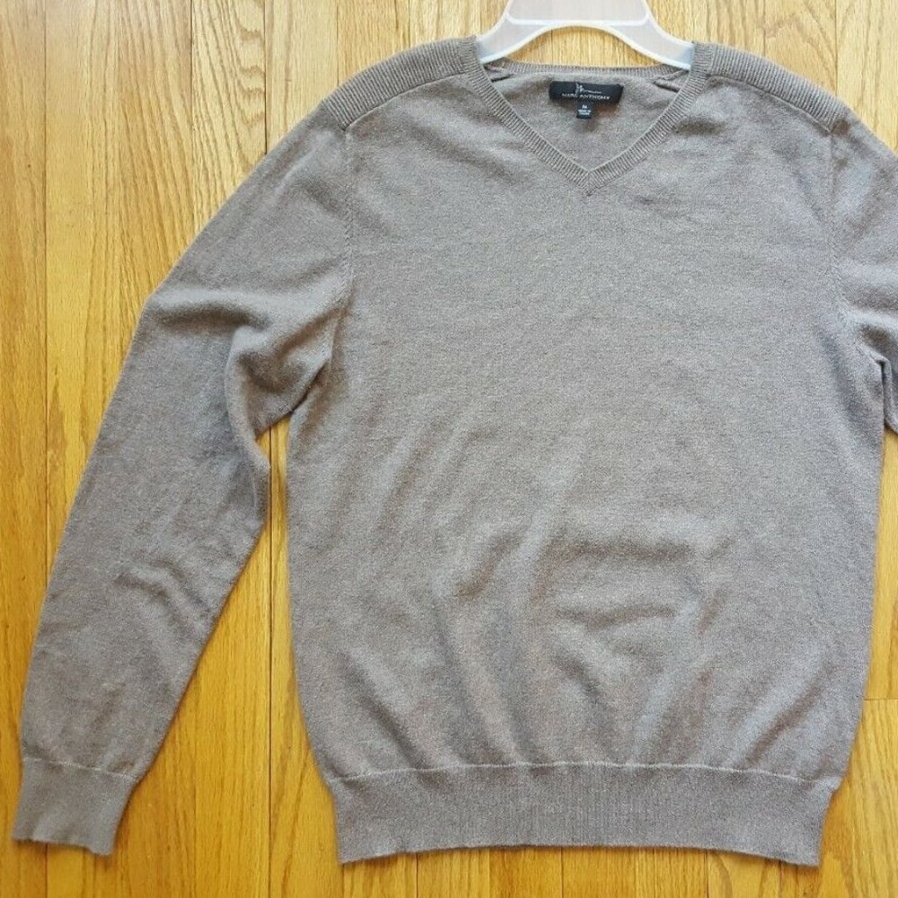 Marc Anthony Cotton Cashmere V Neck Sweater Marled Brown Men's Size Medium